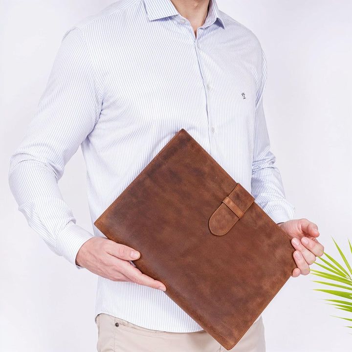 ALMADIH Leder A4 Konferenzmappe mit herausnehmbarem Ringbuch Schreibblock Premium Rindsleder Braun V