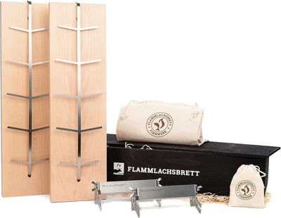 FINNWERK Flammlachsbrett Geschenkset - Lachsbretter mit Halterung aus Edelstahl und patentiertem Win