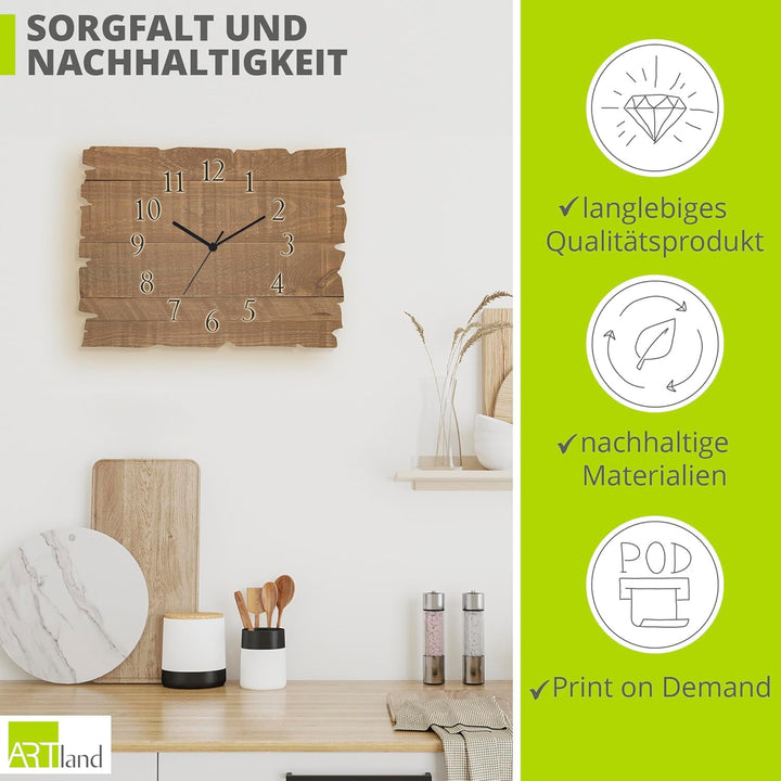 ARTLAND Wanduhr ohne Tickgeräusche aus Holz Funk Uhr lautlos 40x30 cm Rechteckig Muster Rustikal Lan