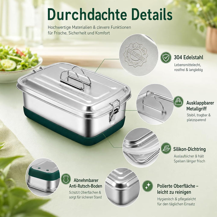 2000ml Premium Edelstahl Brotdose, Lunchbox Auslaufsicher Saucenbehälter