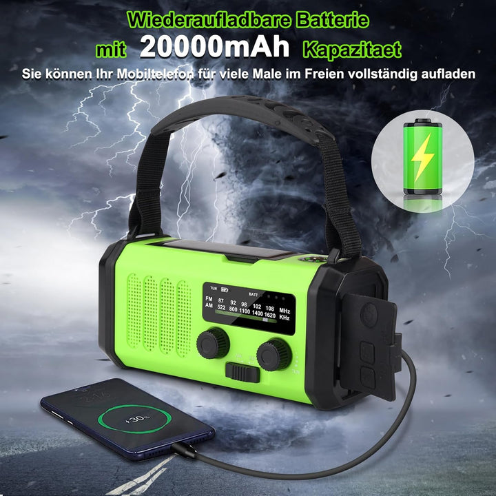 20000mAh Solar Radio, Tragbar Kurbelradio AM/FM Notfallradio mit 10000mAh Wiederaufladbar Powerbank,