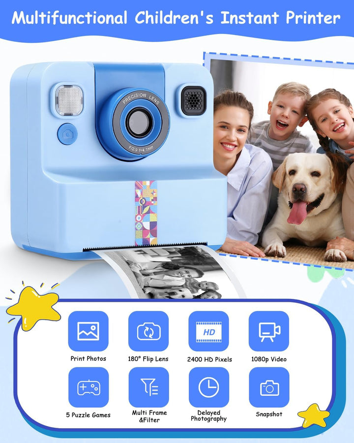 Sofortbildkamera Kinder, 1080P HD Kinderkamera Sofortbildkamera mit Sofortdruck, 32GB SD-Karte & 5 R