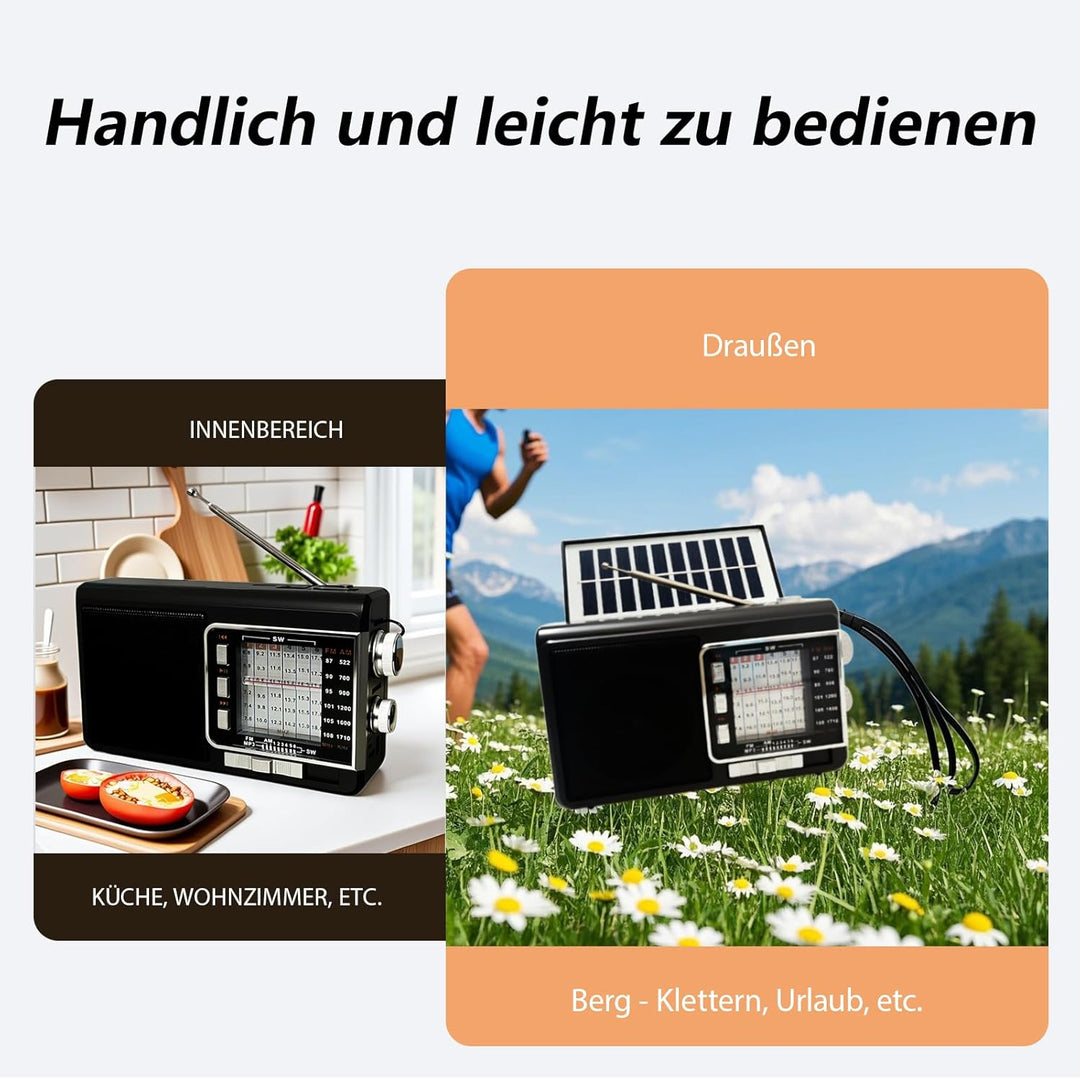 Kleines Radio mit Solarpanel &amp; 1200mAh Akku, AM/FM/SW1-6 Empfänger mit 8W-Lautsprecher/TWS/USB/TF/Ta
