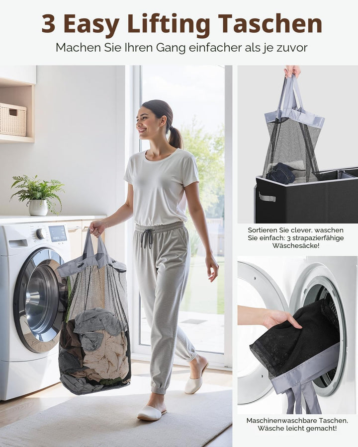 SOLEDI 180L Wäschekorb, Wäschesammler mit Deckel, 3 Fächer und 3 Wäschesack - Grosser XXXL Wäschesor