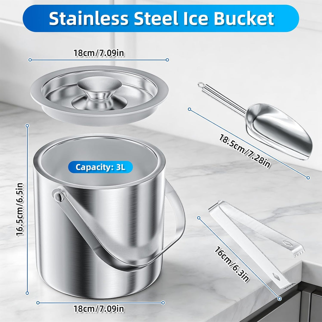 Eiswürfelbehälter Edelstahl 3L Doppelwandig, Eiskübel Set mit Deckel Eisschaufel und Zange, Perfekt