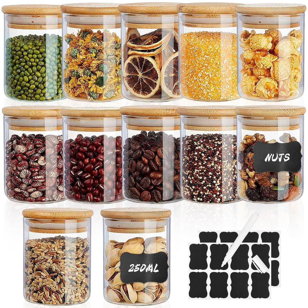 12Pcs Gewürzgläser Rund mit Bambus Deckel &amp; Etikette, 250ml Glas Vorratsgläser Aufbewahrungsgläser,