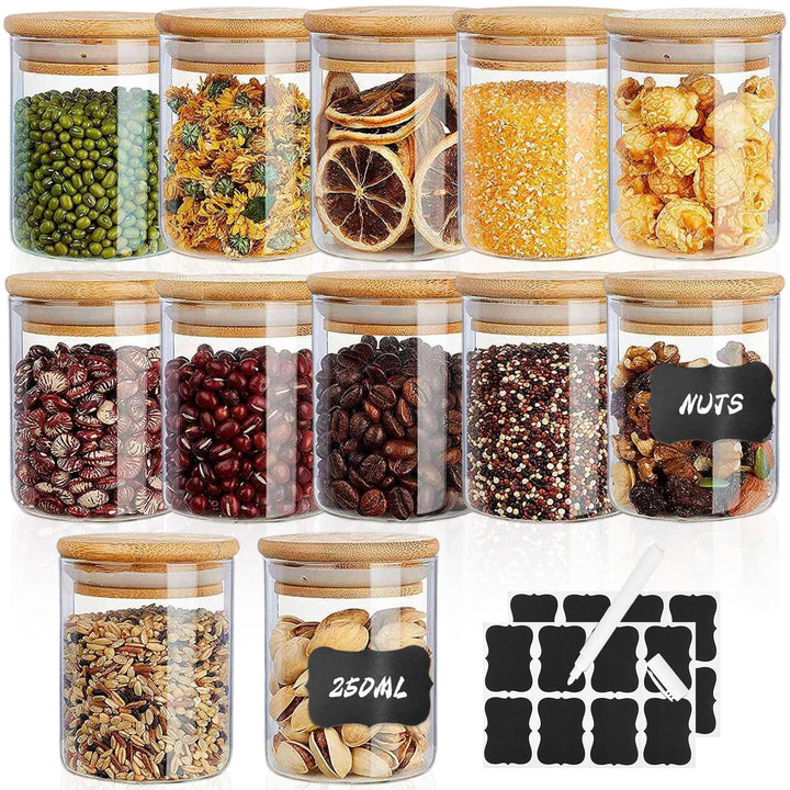 12Pcs Gewürzgläser Rund mit Bambus Deckel &amp; Etikette, 250ml Glas Vorratsgläser Aufbewahrungsgläser,