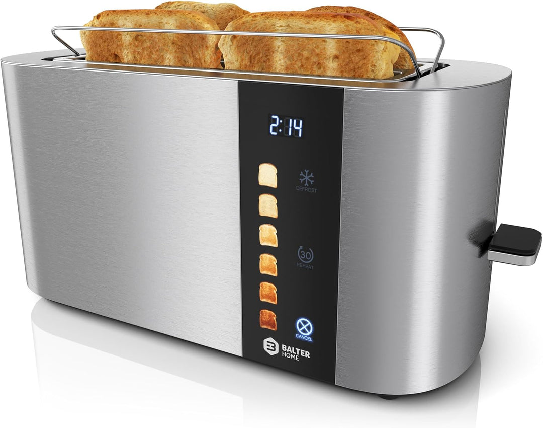 Balter Toaster 4 Scheiben, Touch Bedienung, Langschlitz, Edelstahl, Brötchenaufsatz, LCD Display Lan