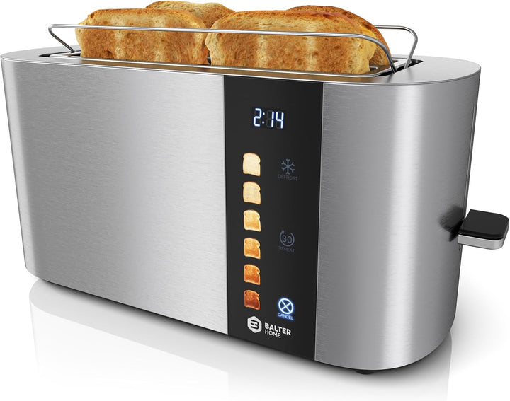 Balter Toaster 4 Scheiben, Touch Bedienung, Langschlitz, Edelstahl, Brötchenaufsatz, LCD Display Lan