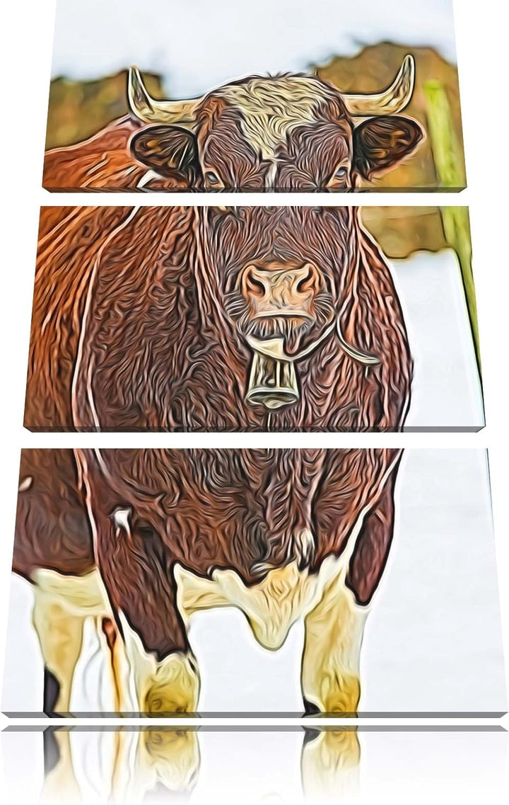 Kuhbullen in Schneelandschaft Spezial 3-Teiler Leinwandbild 120x80 Bild auf Leinwand, XXL riesige Bi