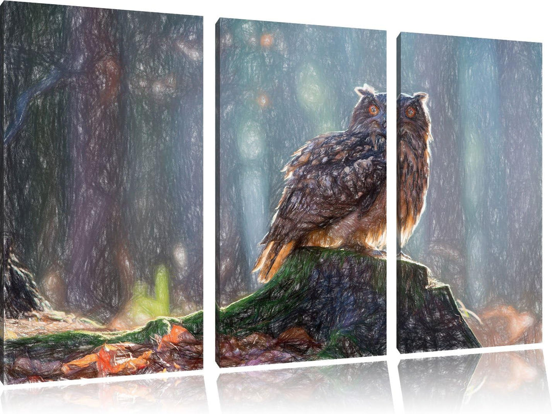 Pixxprint Eule auf dem Baumstamm als Leinwandbild/Grösse: 3 Teilig (120x80 cm) cm/Wandbild/Kunstdruc