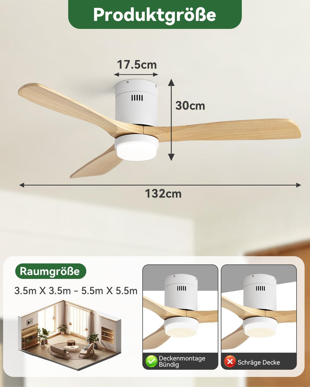 Sofucor Deckenventilator mit Beleuchtung, Deckenventilatorleuchte mit Licht, Fernbedienung, 3 Holzlü