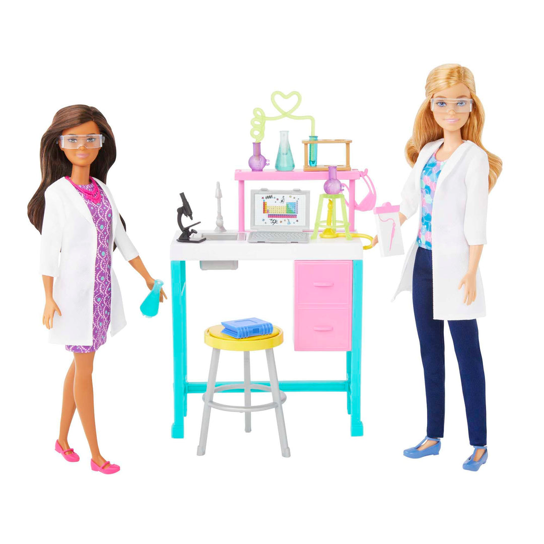 Barbie Wissenschaftslabor-Spielset mit 2 Puppen, Labortisch und mehr als 10 Zubehörteilen, HJY95