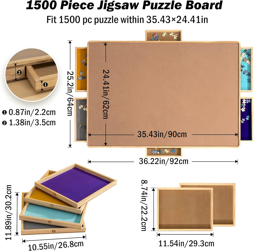 Becko US Puzzle Board with Cover & 6 Press Open/Close Drawers, Wooden Jigsaw Puzzle Table with Color