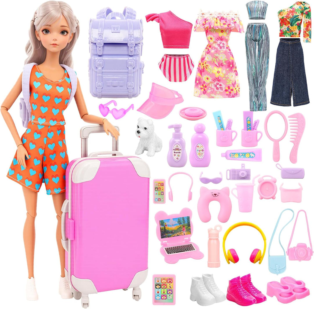Miunana 40 PCS Spielzeugset Für Reiseaccessoires Einer Puppe Inklusive Reisegepäckkoffer 5 Kleidungs