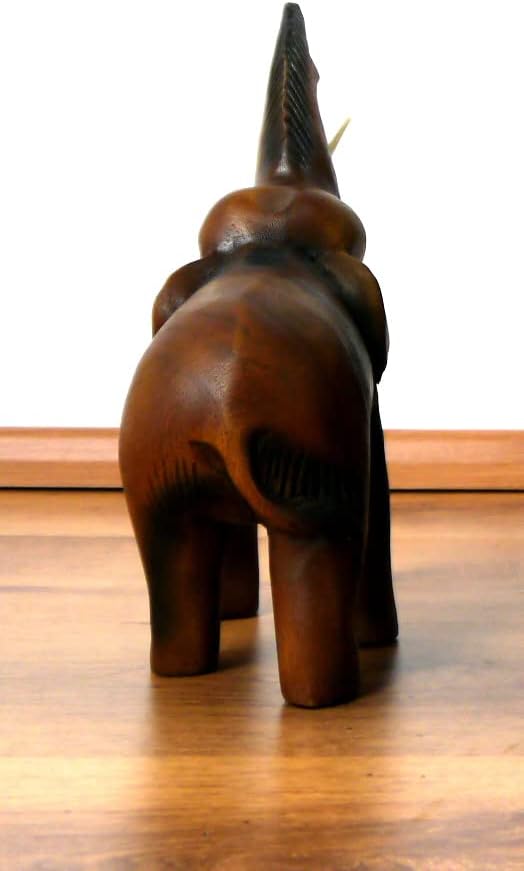 livasia Holzelefant (Rüssel Oben) Tierskulptur aus Massivholz, Holzfigur (Kleiner Elefant), kleiner
