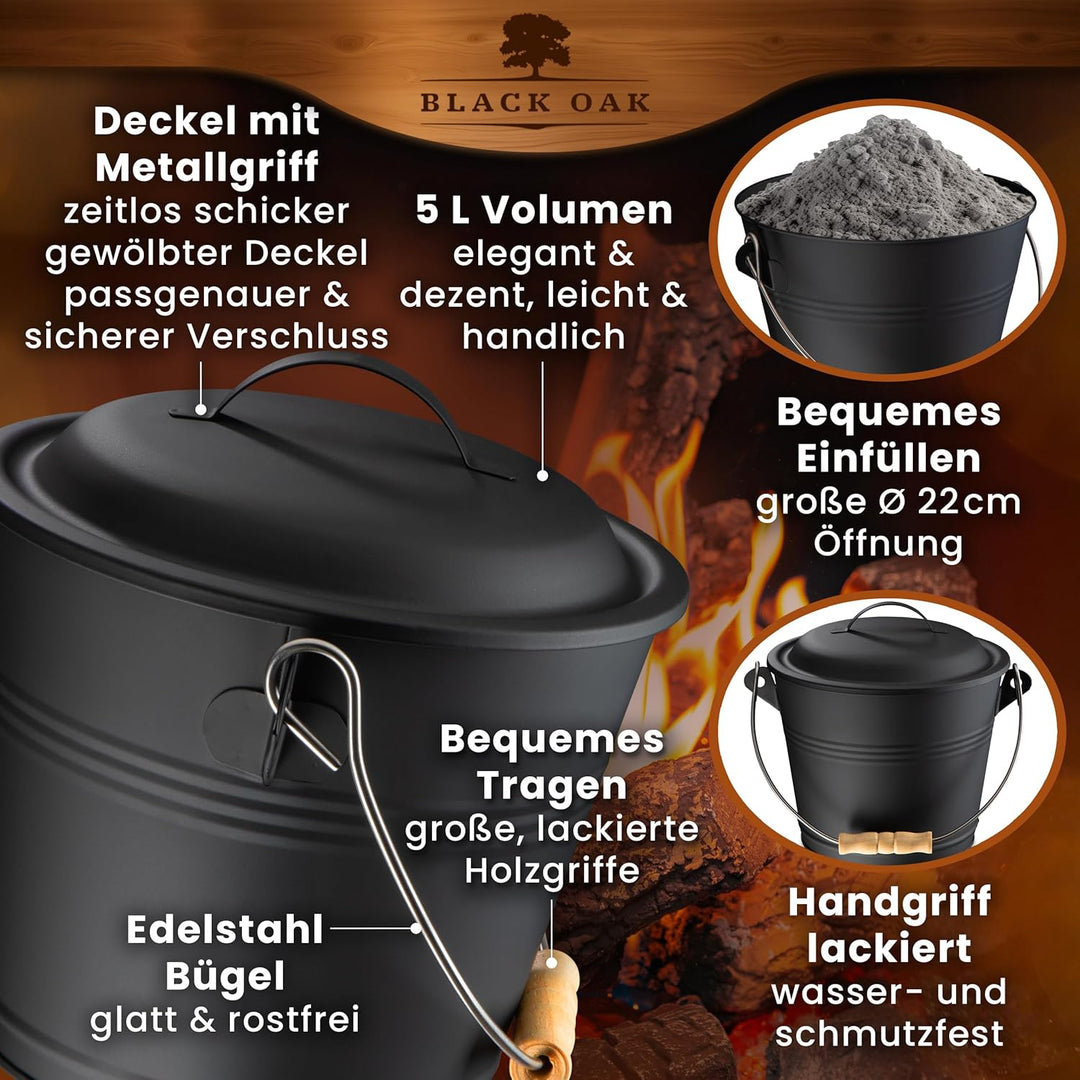 BLACK OAK Ascheeimer PITON 5L - schwarz mit Deckel mit Holz-Griff + Feger + Schaufel & Handschuhen -