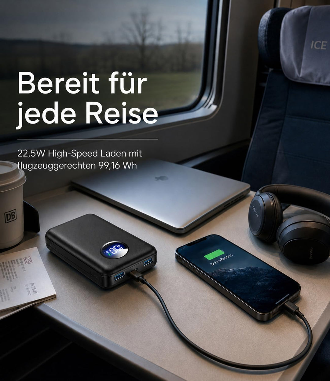 Powerbank 26800mAh, 22.5W Schnellladung Externer Akku mit LCD-Display, 22W USB-C PD Tragbares Ladege