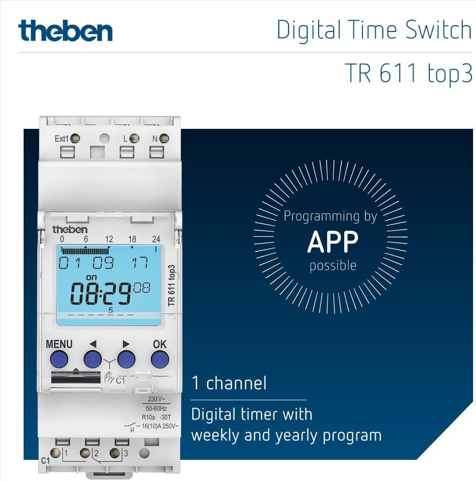 Theben 6110130 TR 611 top3 - Digitale 1-Kanal Zeitschaltuhr mit externem Eingang und App-Programmier