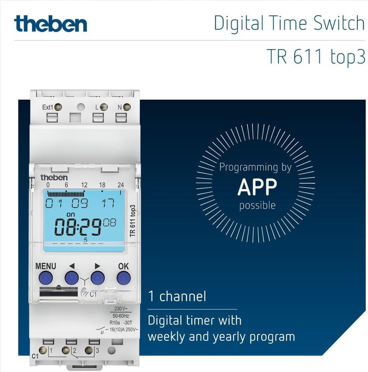 Theben 6110130 TR 611 top3 - Digitale 1-Kanal Zeitschaltuhr mit externem Eingang und App-Programmier