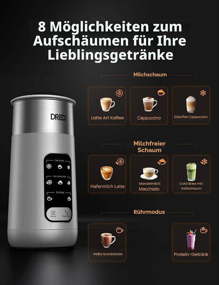 DREO Milchaufschäumer, 8-in-1 Milchschäumer Elektrisch für Latte, Cappuccino, heisse Schokolade mit
