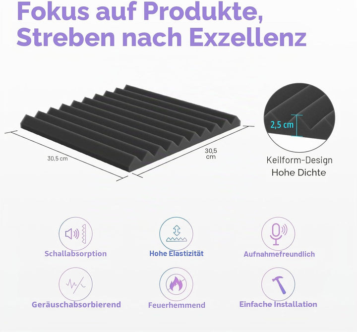 JBER Akustikschaumstoff-Platten, 48 Stück, 2,5 x 30 x 30 cm, Studio, Schalldämmung, Keil-Struktur, f