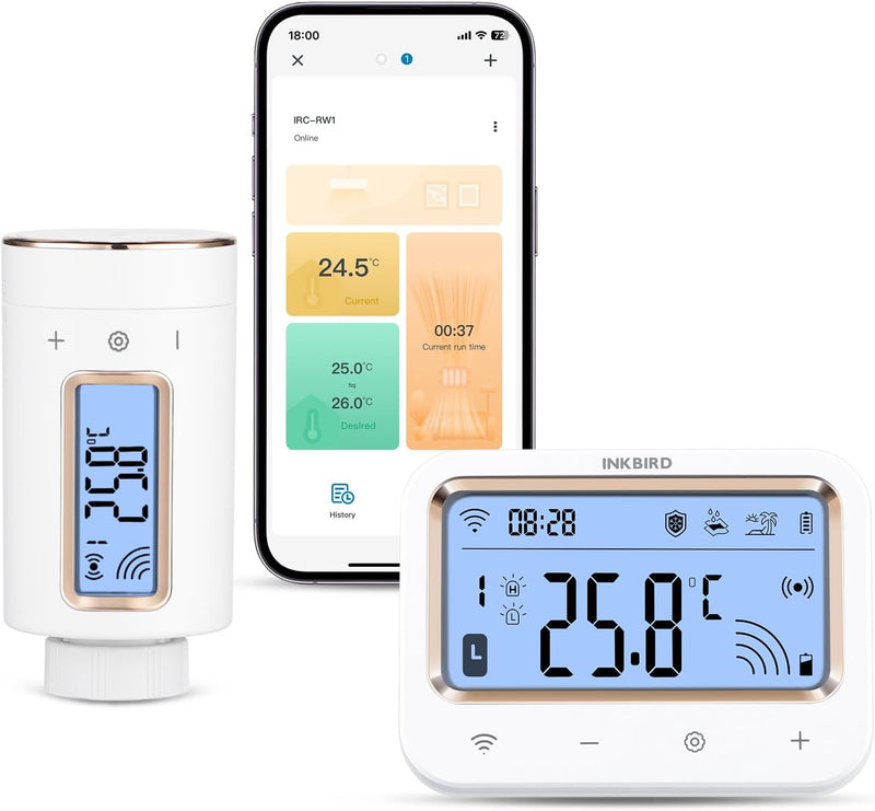 Inkbird IRC-RW1 WLAN Heizkörperthermostat mit Gateway, App-Steuerung, umkehrbarem Bildschirm, 11 Zei