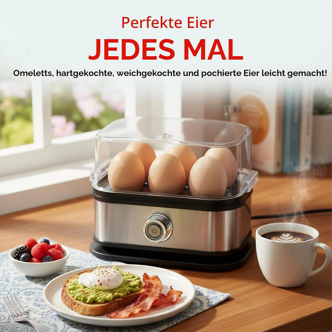Cozary Eierkocher Edelstahl, Eierkocher 6 Eier, 400 Watt, punktgenaues Zubereiten dank Härtegradeins