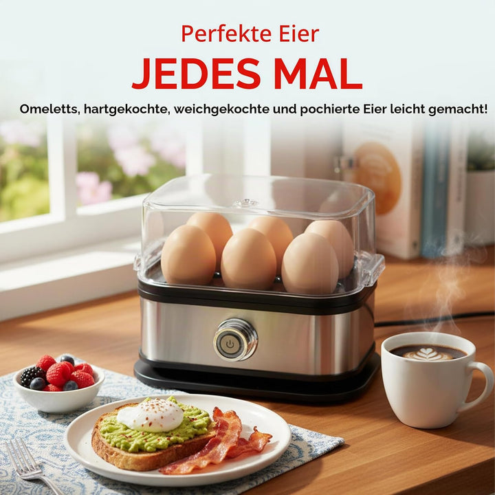 Cozary Eierkocher Edelstahl, Eierkocher 6 Eier, 400 Watt, punktgenaues Zubereiten dank Härtegradeins