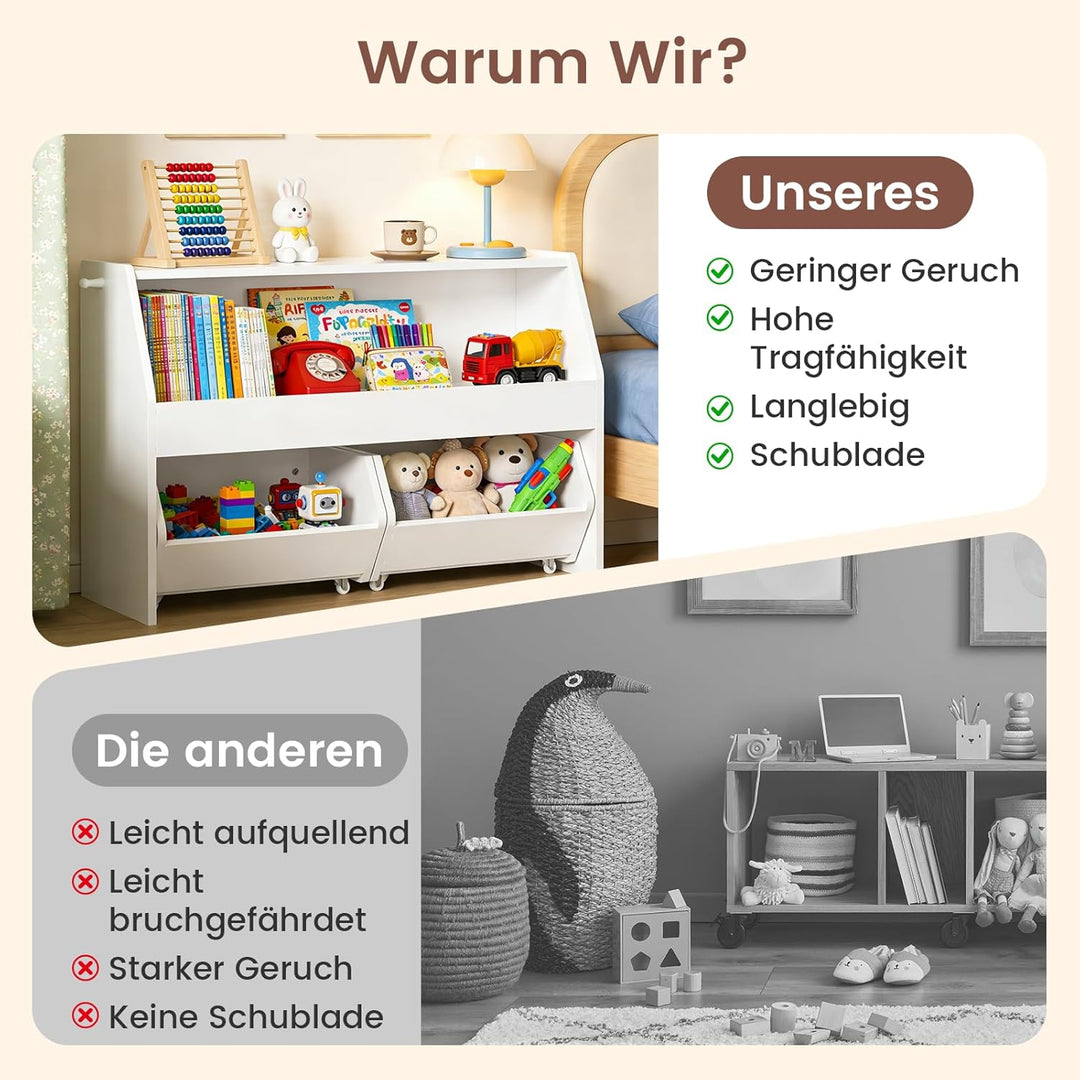 Kinderregal mit Boxen auf Rollen, Spielzeug Aufbewahrung, Kinderschrank Holz, Spielzeugregal Möbel f