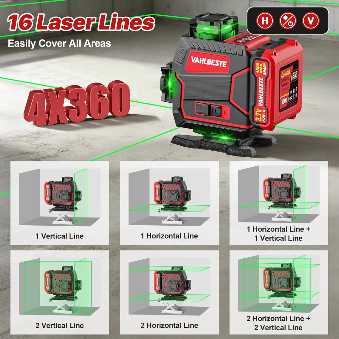 Kreuzlinienlaser mit Stativ, Laser Wasserwaage, 4x360 Grad Laser Level mit 2x4800mAh Batterien & LED