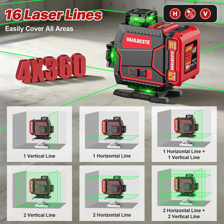 Kreuzlinienlaser mit Stativ, Laser Wasserwaage, 4x360 Grad Laser Level mit 2x4800mAh Batterien & LED
