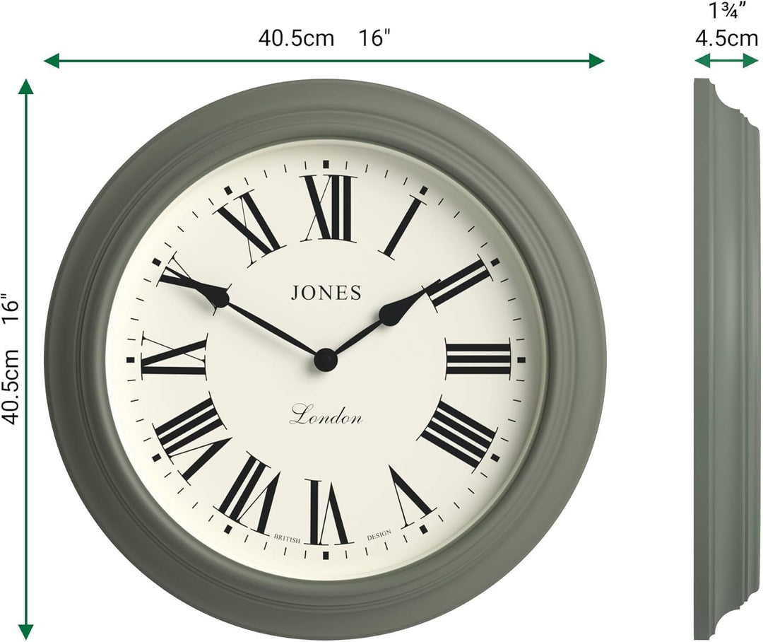 JONES CLOCKS® Supper Club wanduhr | Grosse Klassische runde Uhr | 40 cm | Spargelgrün | Römische Zif