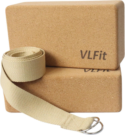 VLFit KORK Yogablock 2er Set - mit Yogagurt aus 100% Baumwolle - umweltfreundlicher Yogablock - ökol