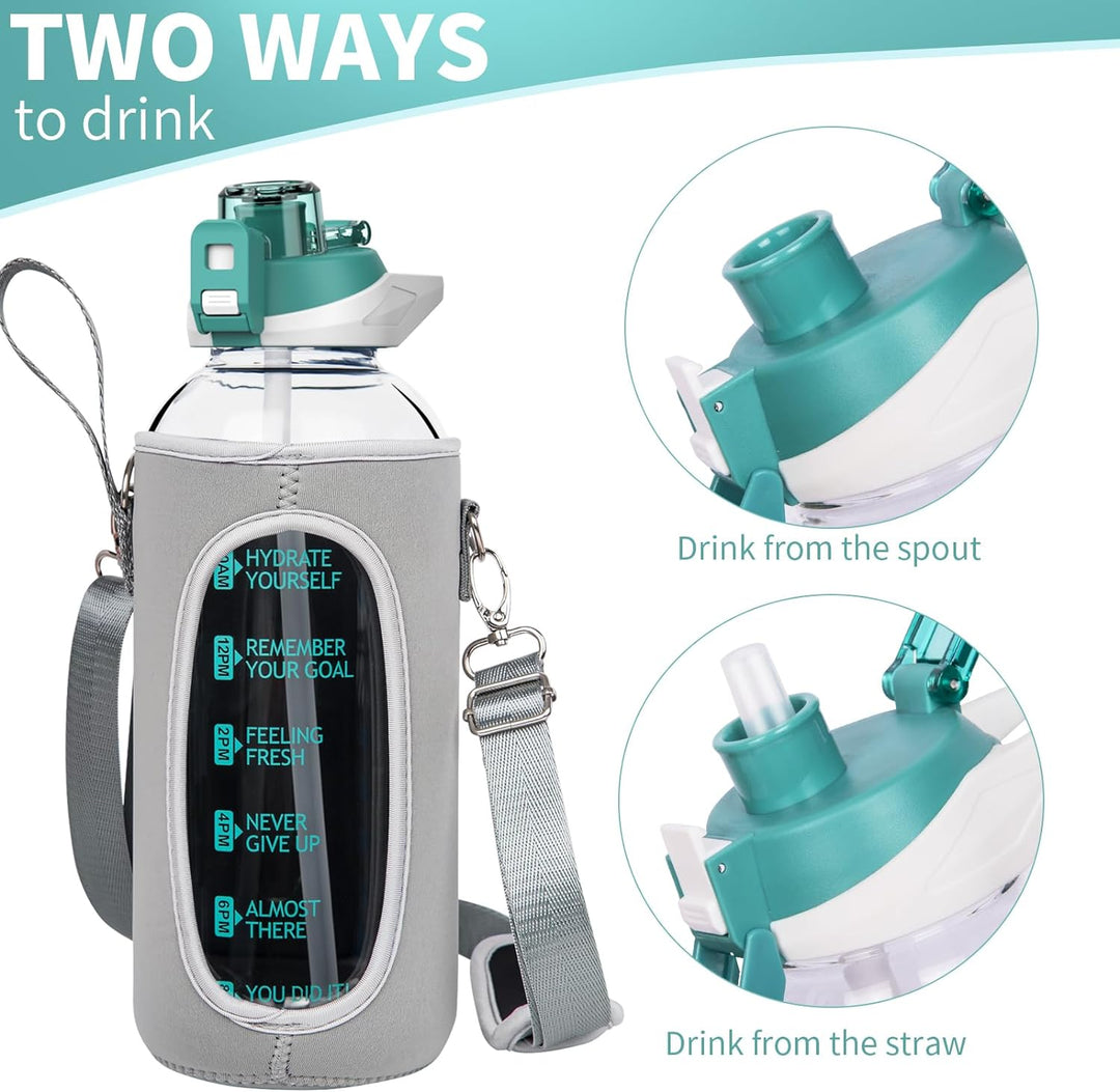 Seekua 2l Sport Trinkflasche Glas Flasche mit Strohhalm & Zeitmarkierung auslaufsicher bpa frei 2 li