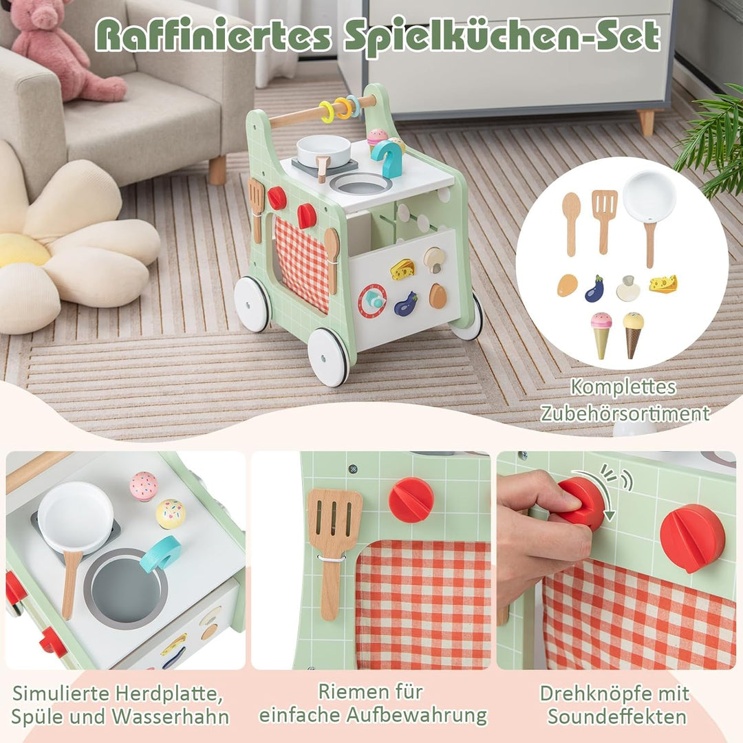 FANTASK 6 in 1 Lauflernwagen aus Holz, Lauflernhilfe mit Spielküche, Lernuhr, Formanpassung & bewegl