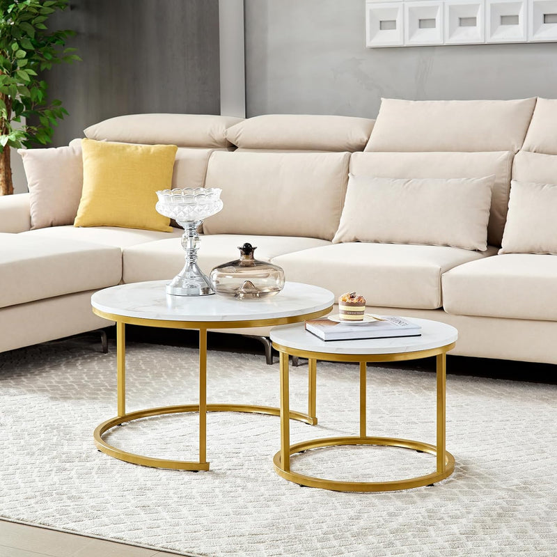 HeyHeaven® Couchtisch rund Marmor 2er Set – Runder Couch Tisch in Weiss Marmor Optik mit Golg Metall