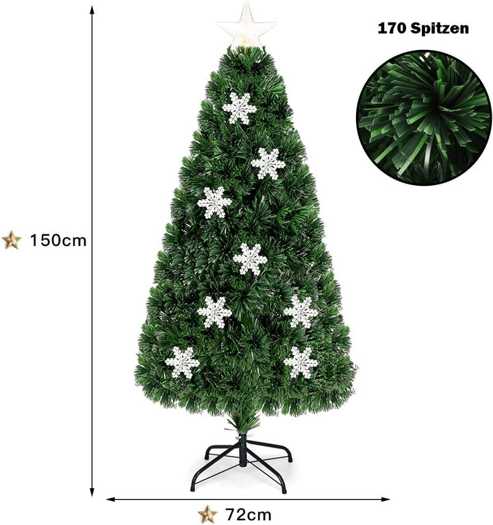 COSTWAY 150 cm LED Künstlicher Weihnachtsbaum mit Glasfaser-Farbwechsler und Sternspitze, Tannenbaum