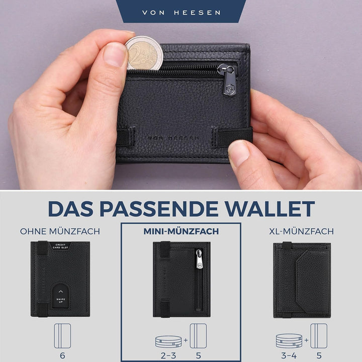 VON HEESEN Slim Wallet mit Münzfach &amp; RFID-Schutz - Leder Geldbeutel - Mini Geldbörse für Herren und