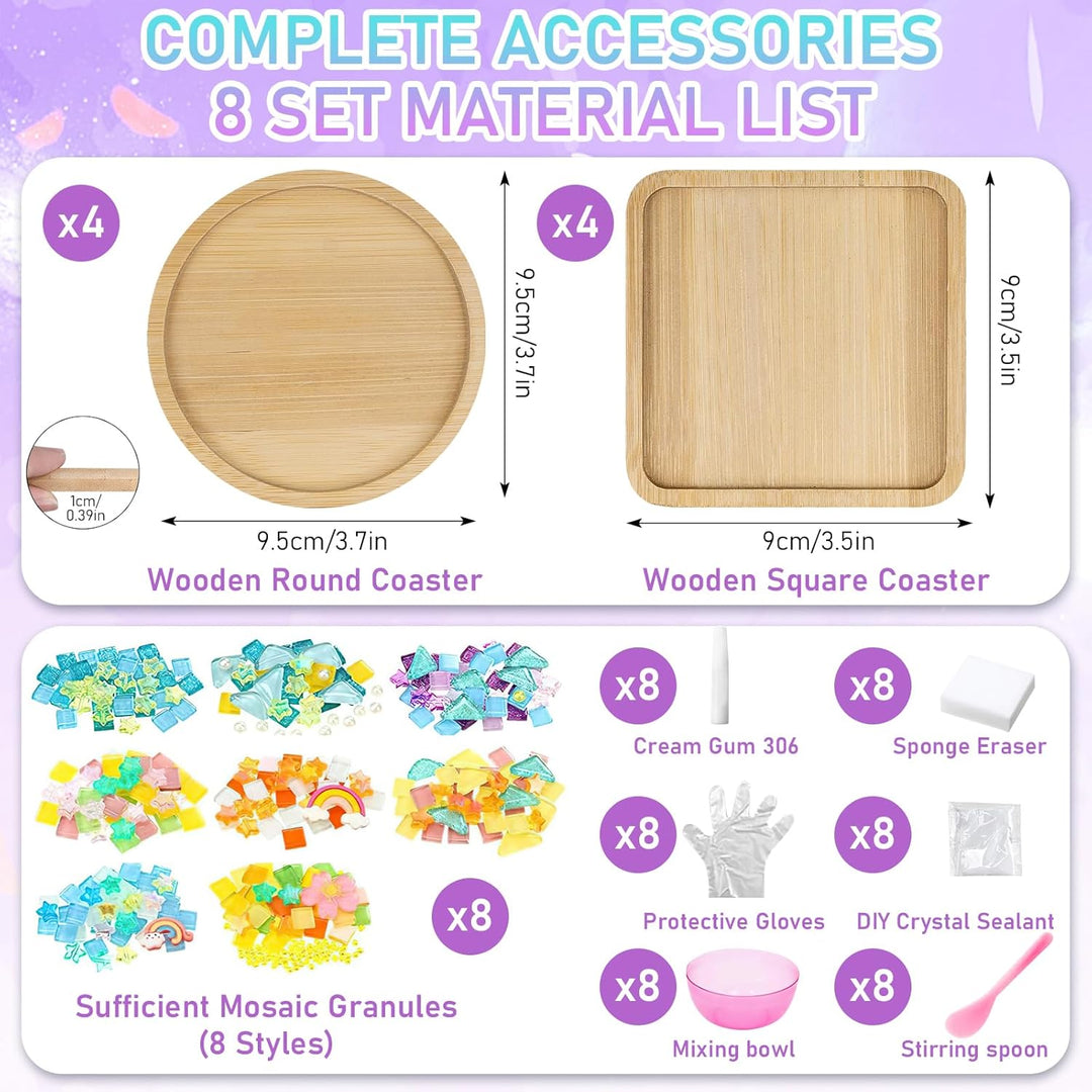 OGMBI 8er Set DIY Mosaik Bastelset Untersetzer, DIY Glasmosaik Set mit Bambus-Holzbasis für Erwachse