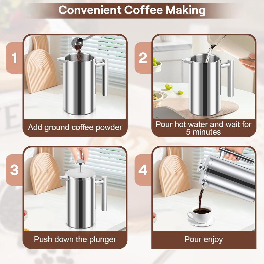 Kaffeebereiter French Press Edelstahl, 1000ml French Press, Doppelwandig Isoliert Kaffeepresse, Kaff