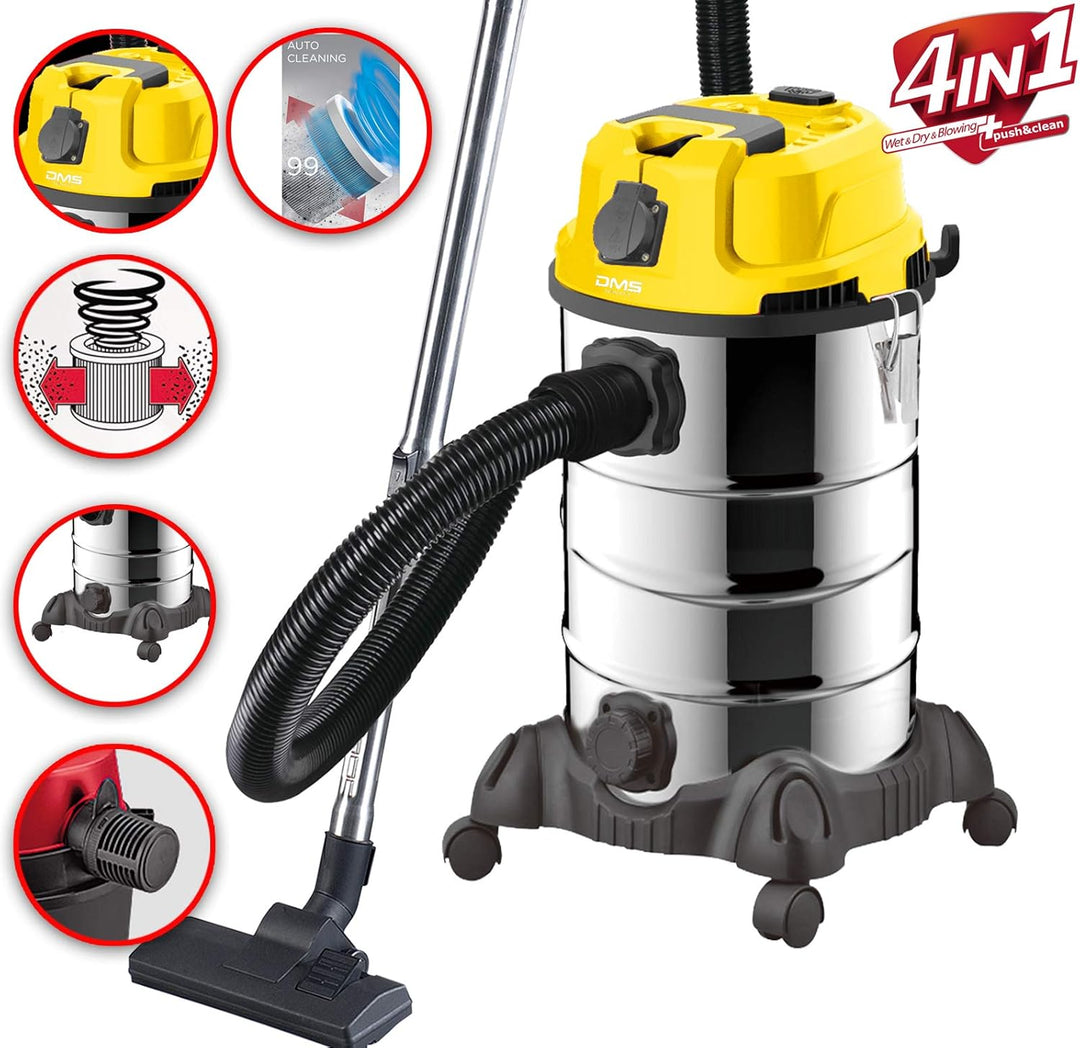 DMS Industriestaubsauger mit 2300 Watt | Nasssauger | Trockensauger | Edelstahl | Blasfunktion | Fil