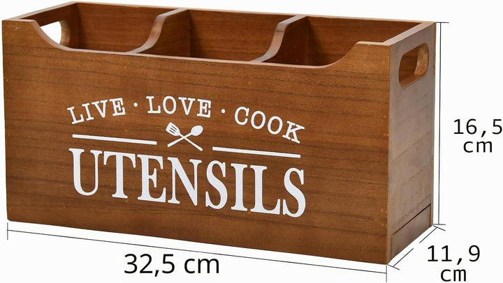 Karisky Kitchen Utensilhalter mit Drainageboden, grosse 3 Fächer fester echtes Holz Utensil Organize