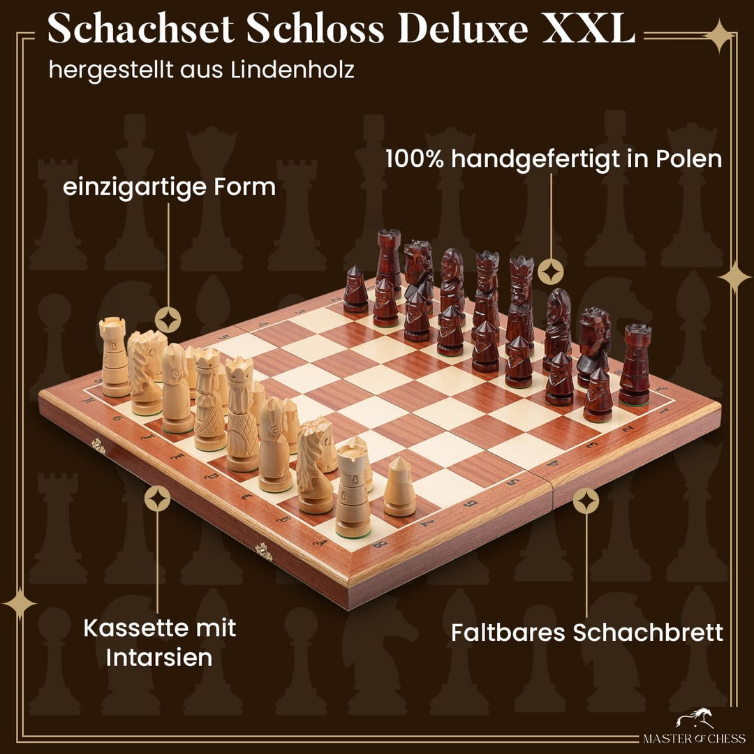 Master Of Chess Schachset Castle Deluxe XXL 60 x 60 cm aus Holz Jedes Schachstück handgeschnitzt !