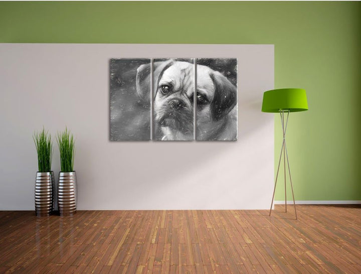 Pixxprint Mops Welpe / 3-Teilig/Gesamtmass 120cm Leinwandbild bespannt auf Holzrahmen/Wandbild Kunst