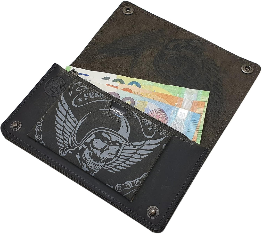 myledershop Echt Büffel-Vollleder Querformat Bikerbörse/Geldbörse/Geldbeutel/Portemonnaie mit Metall