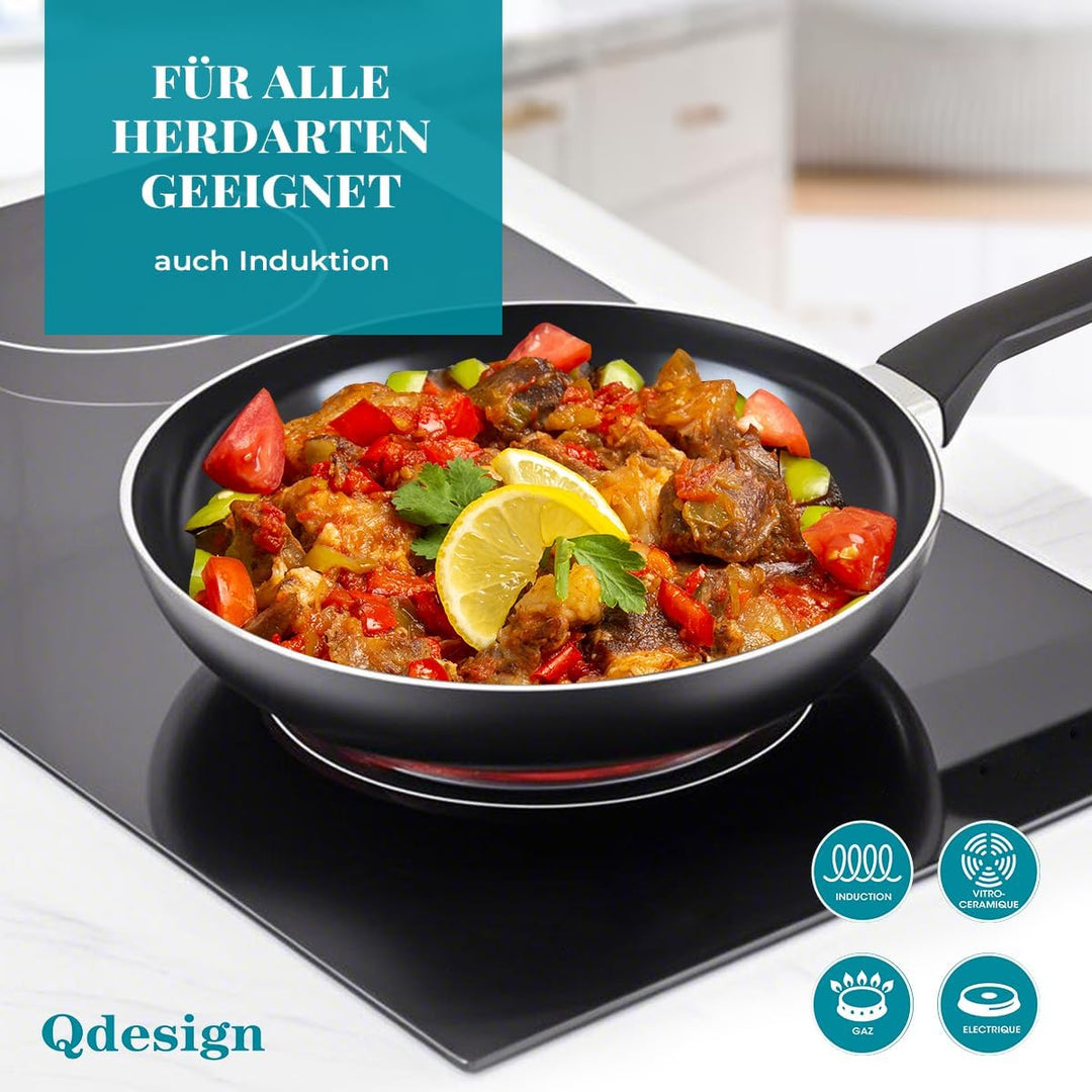QDESIGN BLACK+ Pfanne aus Aluminium mit Antihaftbeschichtung, kratzfest, PFOA-frei, mit Glasdeckel -