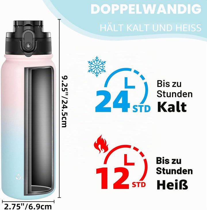 OLDLEY 600ml/20oz Edelstahl-Wasserflasche, Doppelwandige Vakuumflasche, Hält Getränke Heiss und Kalt
