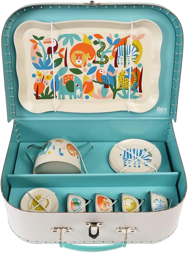 Rex London Kinder Teeservice Set aus Metall (14 Teile) & Tragekoffer mit den Tiermotiven “Wild Wonde