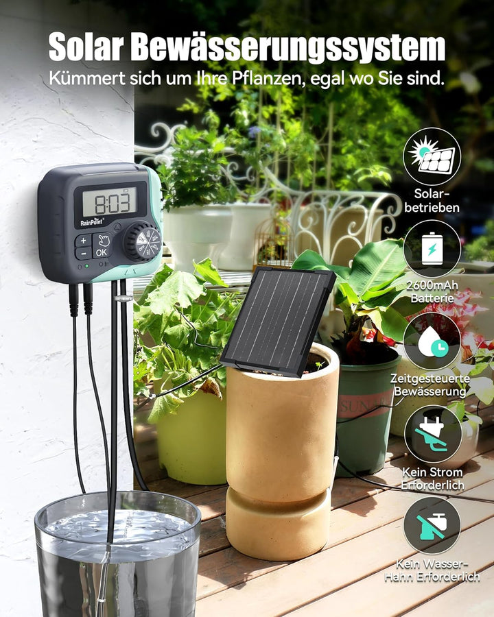 RAINPOINT Solar Bewässerungssystem, 45L/H Automatische Solar Bewässerung mit Programmierbarem Timer,